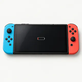 Nintendo Switch OLED, front view with blue and red Joy-Con controllers and an almost empty battery icon
