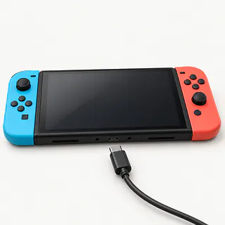 Nintendo Switch OLED with blue and red controllers, lint in the bottom USB-C port and an unplugged cable in front