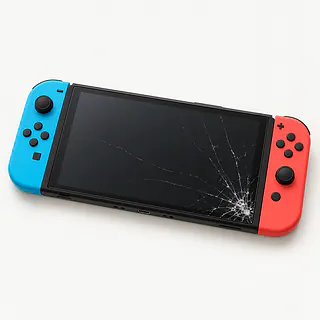 Nintendo Switch OLED, front view with blue and red Joy-Con controllers and cracks across the dark screen