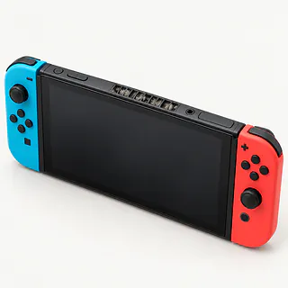 Nintendo Switch OLED with blue and red controllers, top view with vent openings clogged with gray dust and lint