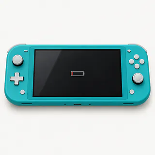 Nintendo Switch Lite in turquoise, front view with an almost empty battery icon on the dark screen