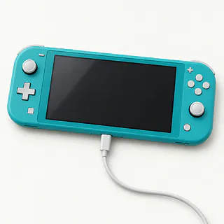 Nintendo Switch Lite in turquoise, front view with a dark screen and a charging cable plugged in