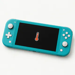 Nintendo Switch Lite in turquoise, front view with an orange-red thermometer symbol on a black screen