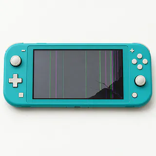 Nintendo Switch Lite in turquoise, front view with green and magenta screen lines and a dark blotch in one corner