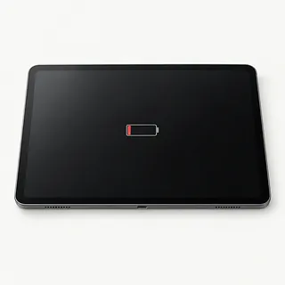 Tablet with a gray frame, front view showing a dark screen with a nearly empty red battery icon in the center