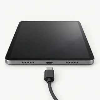 Tablet in silver, screen and bottom edge visible with gray lint in the USB-C port and an unplugged cable in front