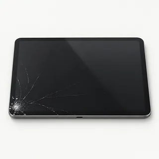 Tablet with a gray frame, front view showing dark screen glass with cracks spreading from the lower left corner