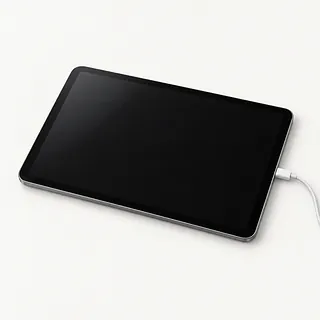 Tablet with a gray frame, front view showing a completely dark screen and a white charging cable plugged into the side