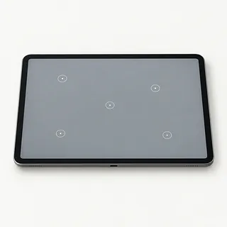 Tablet face up with a black bezel and five small white rings with center dots on its gray screen