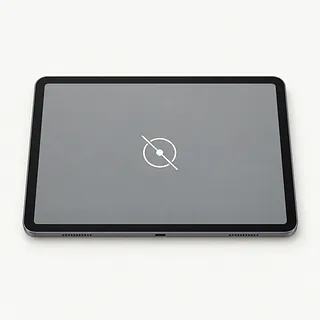 Tablet in black, screen side up with a crossed-out tap symbol in the center of a gray display