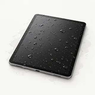 Tablet in silver, screen facing up with water droplets covering the dark display and a small puddle around it