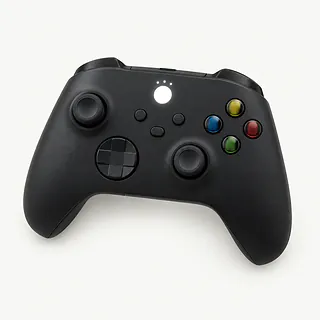 Xbox Wireless Controller in black, face up with a glowing white guide button and three white dots above