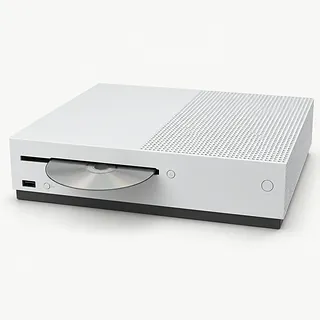Xbox One S in white, angled front view with a silver disc stuck halfway out of the disc slot