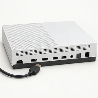 Xbox One S in white, rear view with a bent HDMI port and an unplugged HDMI cable beside it
