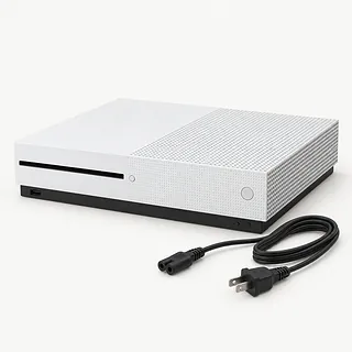 Xbox One S in white, front and side view with lights off and an unplugged power cable beside it