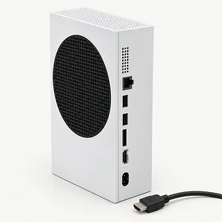 Xbox Series S in white, rear and side view with a bent HDMI port and an unplugged HDMI cable beside it