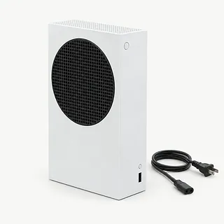 Xbox Series S in white, front and side view with lights off and an unplugged power cable beside it