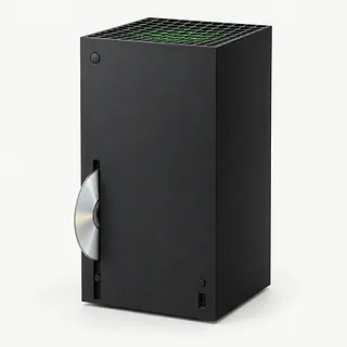 Xbox Series X in black, front view with a silver disc stuck halfway out of the disc slot