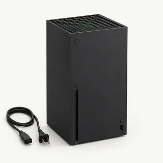 Xbox Series X in black, front and side view with lights off and an unplugged power cable beside it