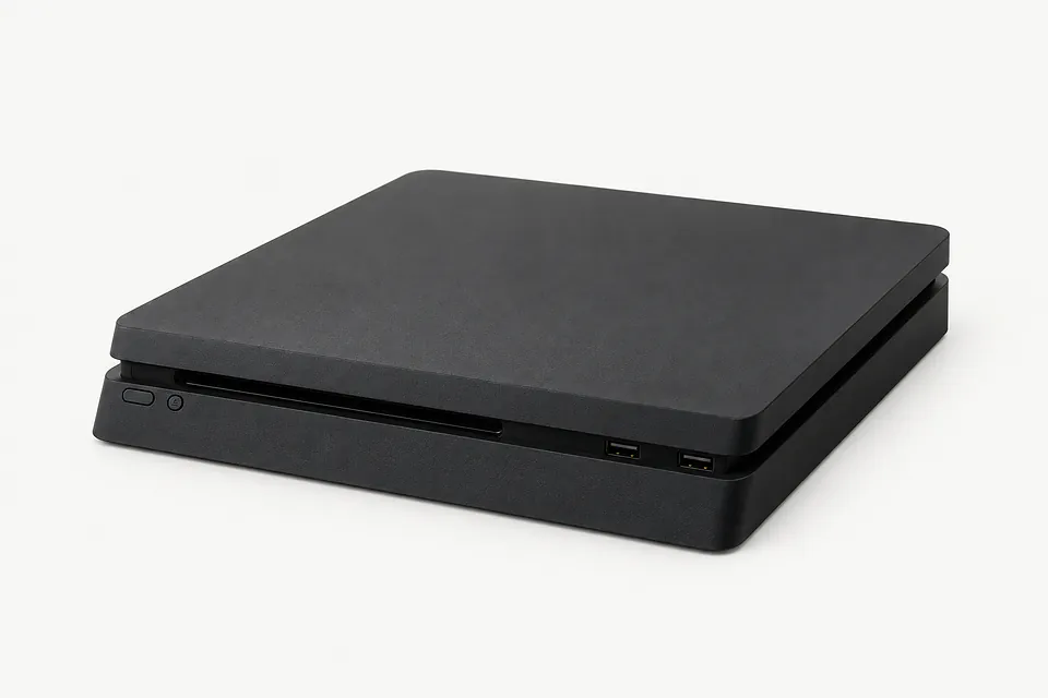 PS4 in black, front and top view with disc slot and two USB ports