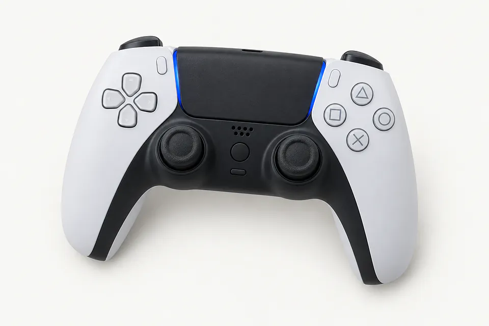 PS5 DualSense controller in white and black, front view with two sticks and blue lights beside the touchpad
