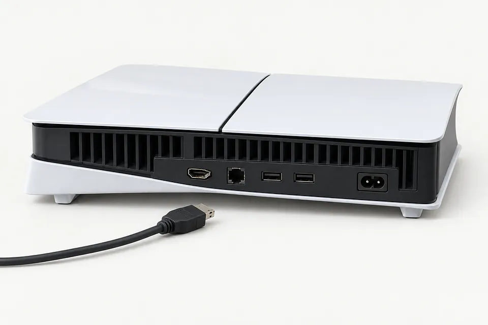 PlayStation 5 in white and black, rear view with a bent HDMI port and an unplugged HDMI cable