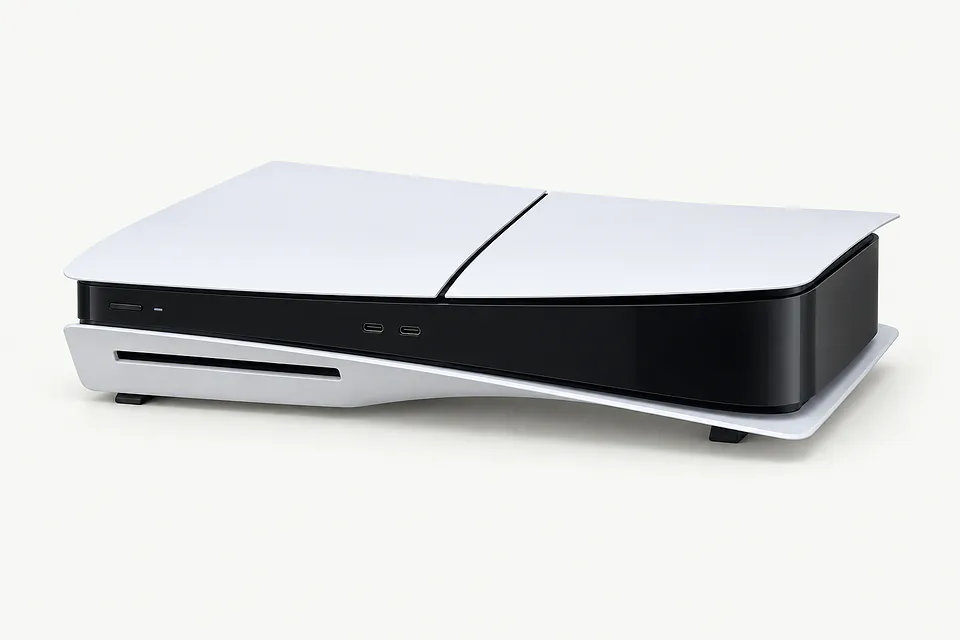 PlayStation 5 in white and black, front view with disc slot, lying horizontally