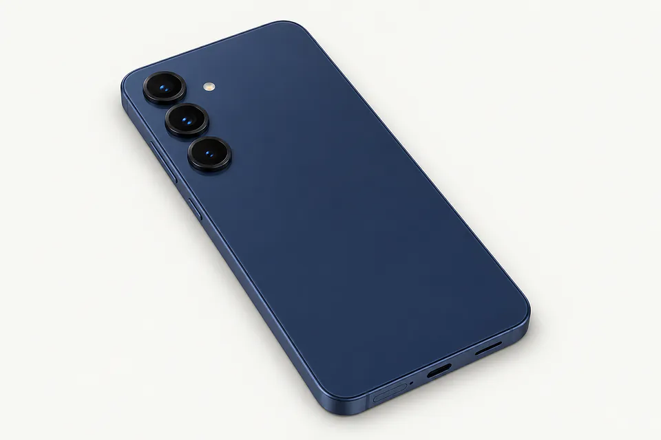 Samsung Galaxy S25 in dark blue, back view with three cameras