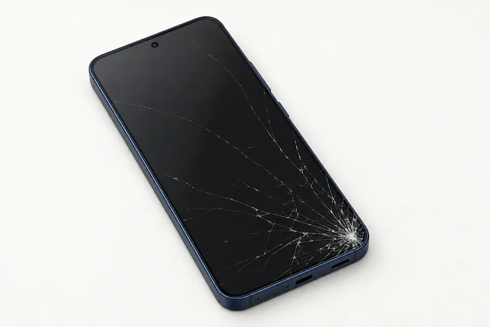 Samsung Galaxy S25 in dark blue, front view with screen off and glass cracks radiating from the lower right corner