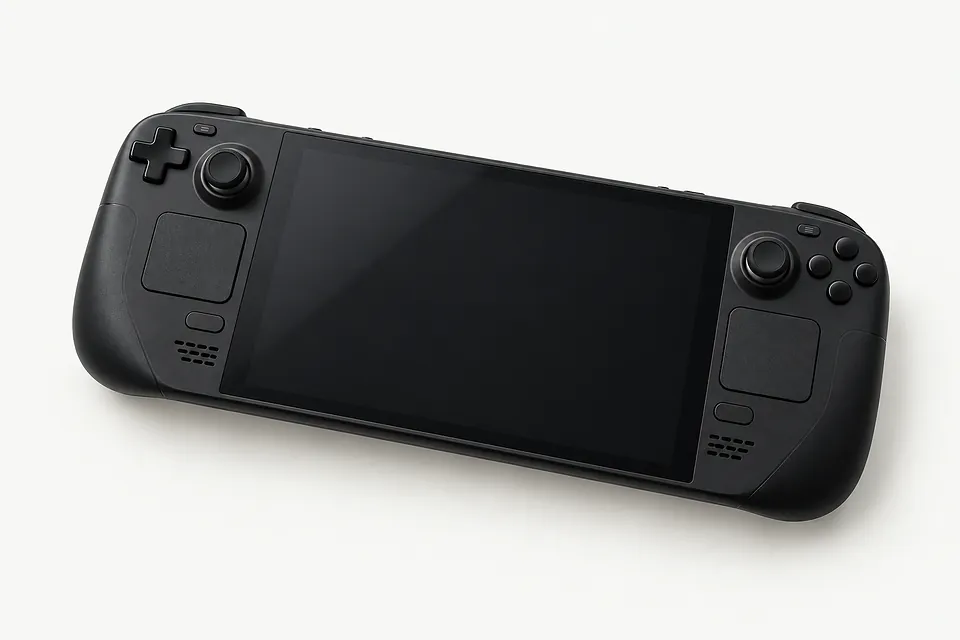 Steam Deck OLED in black, front view with a dark screen, thumbsticks, buttons and trackpads
