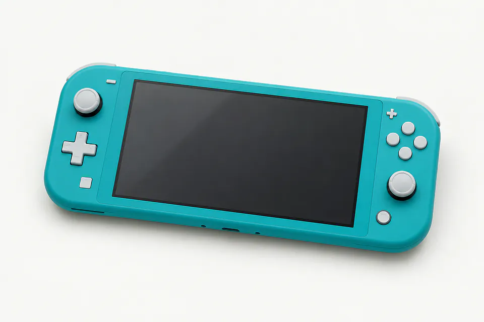 Nintendo Switch Lite in turquoise, front view with a black screen and white controls