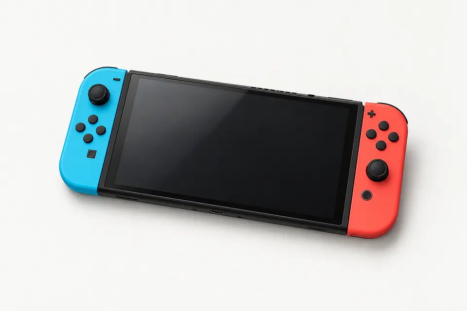 Nintendo Switch OLED, front view with a black screen and blue and red Joy-Con controllers attached
