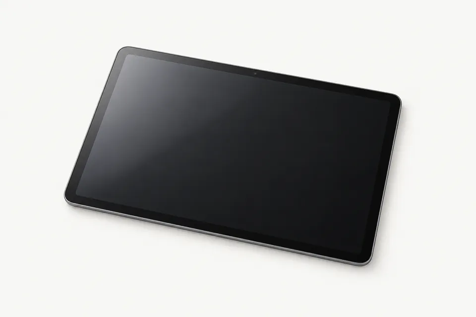 Tablet in black, front view with rounded corners and the screen off