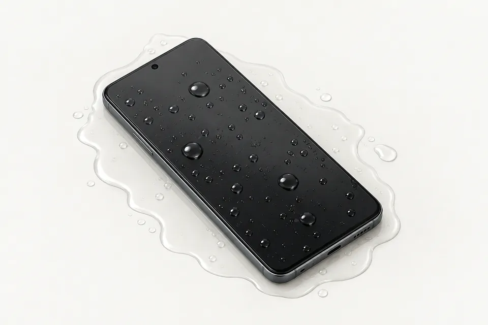 Black smartphone lying screen up in a shallow puddle, with water droplets across its dark display