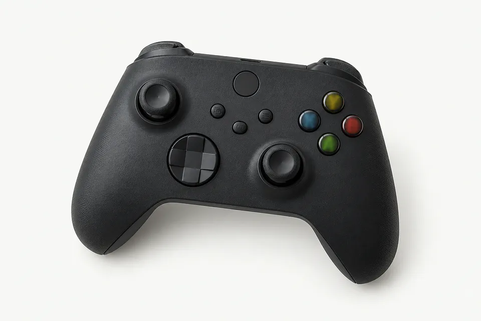 Xbox Wireless Controller in black, front view with two thumbsticks and colored buttons