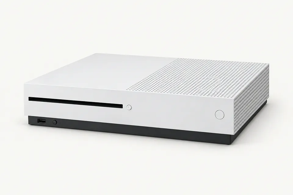 Xbox One S in white, front and top view with a disc slot and perforated vents
