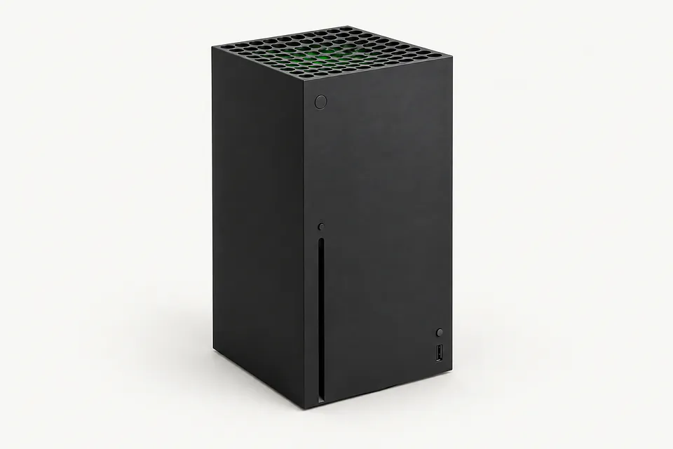Xbox Series X in black, standing upright with the front, side and top vent visible