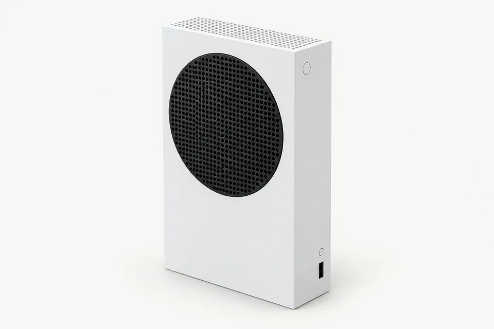 Xbox Series S in white, standing upright with a black circular vent and front USB port visible