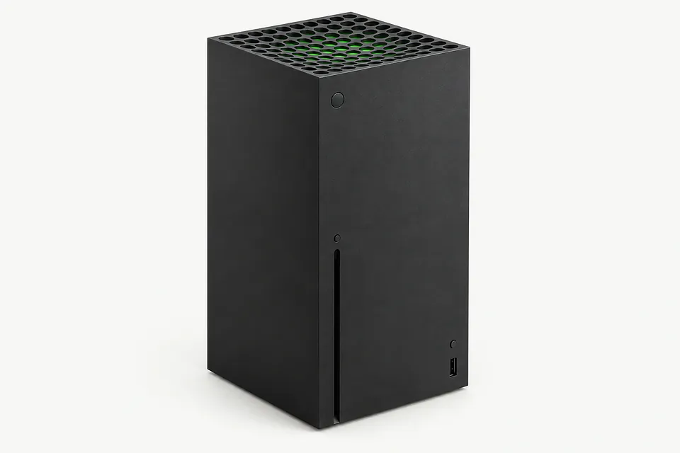 Xbox Series X in black, front and left side view with a disc slot and green visible through upper vents
