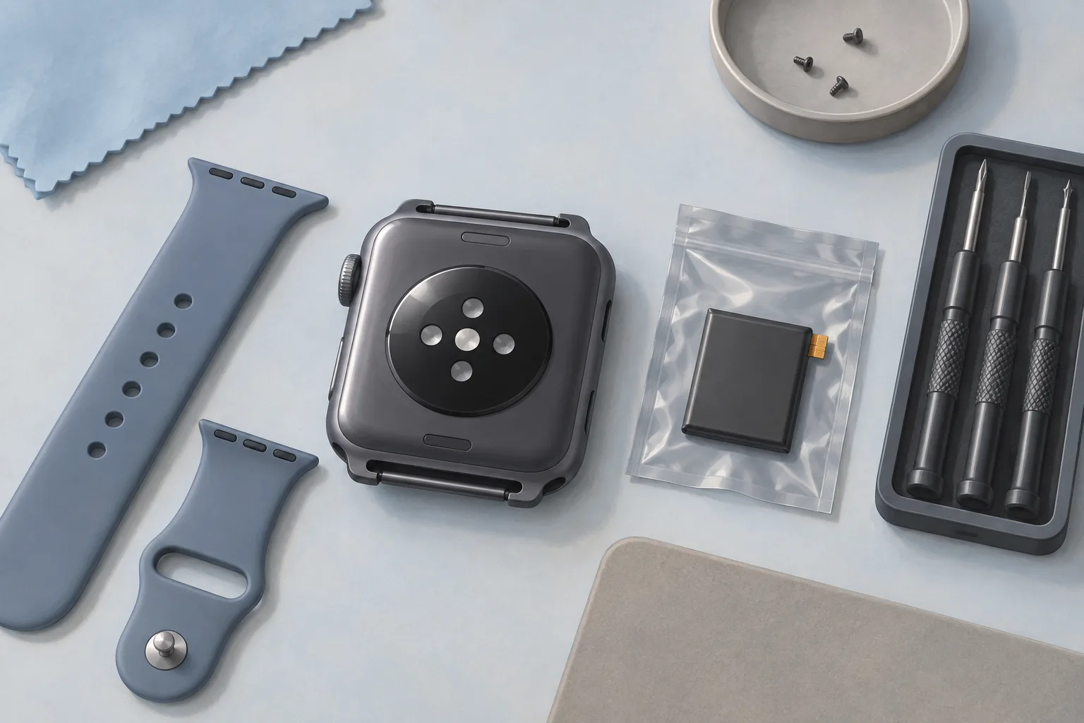 Illustration of a smartwatch lying face down with its band removed, a bagged battery and screwdrivers on a repair bench.
