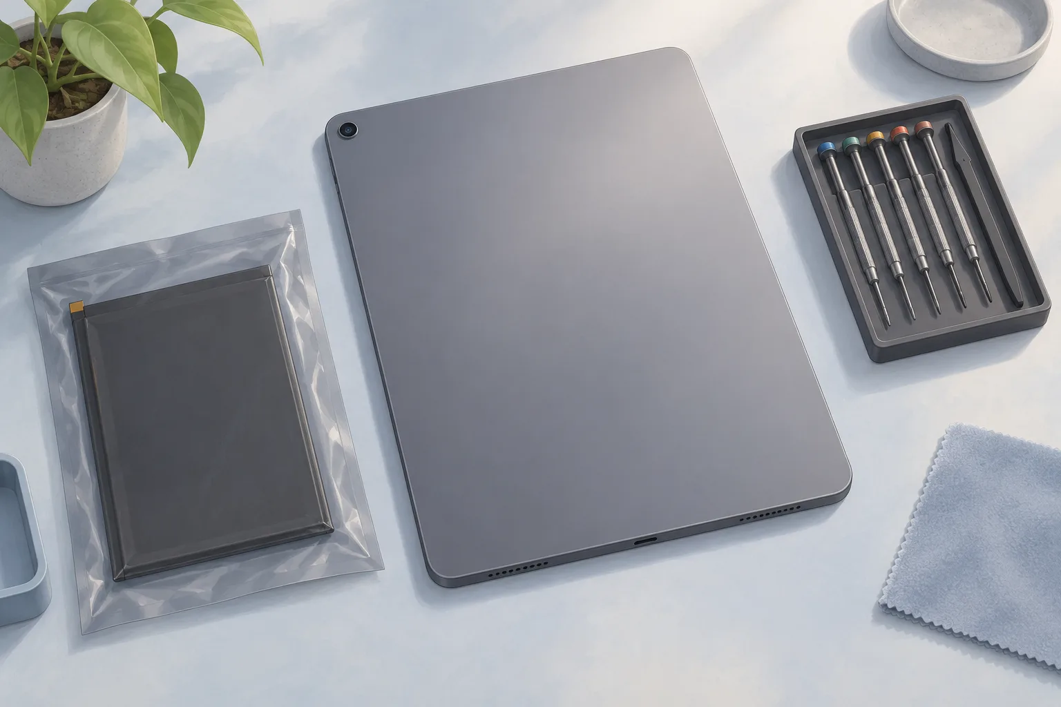 Illustration of a tablet lying face down on a repair bench beside a bagged replacement battery and screwdrivers.