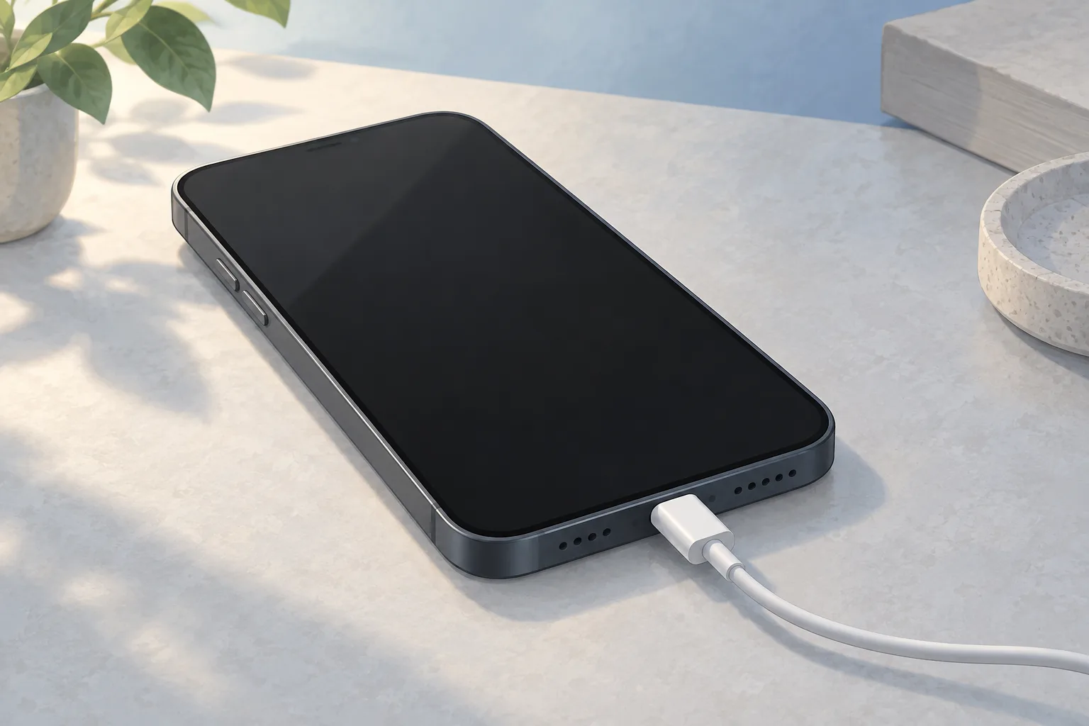 Illustration of a smartphone with a dark screen and a charging cable plugged into its port on a light tabletop.