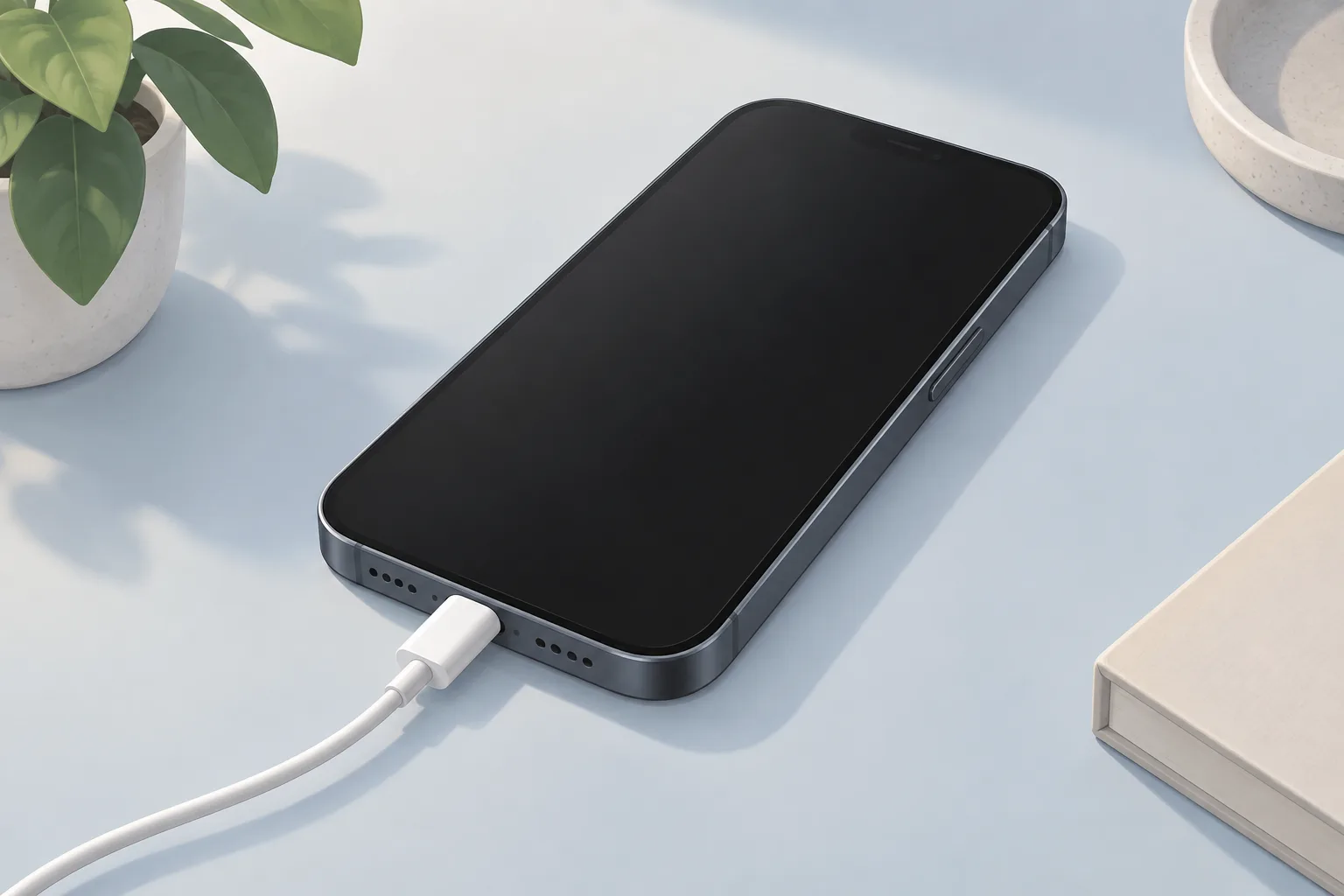 Illustration of a smartphone with a dark screen and a charging cable plugged into its port on a pale blue desk.