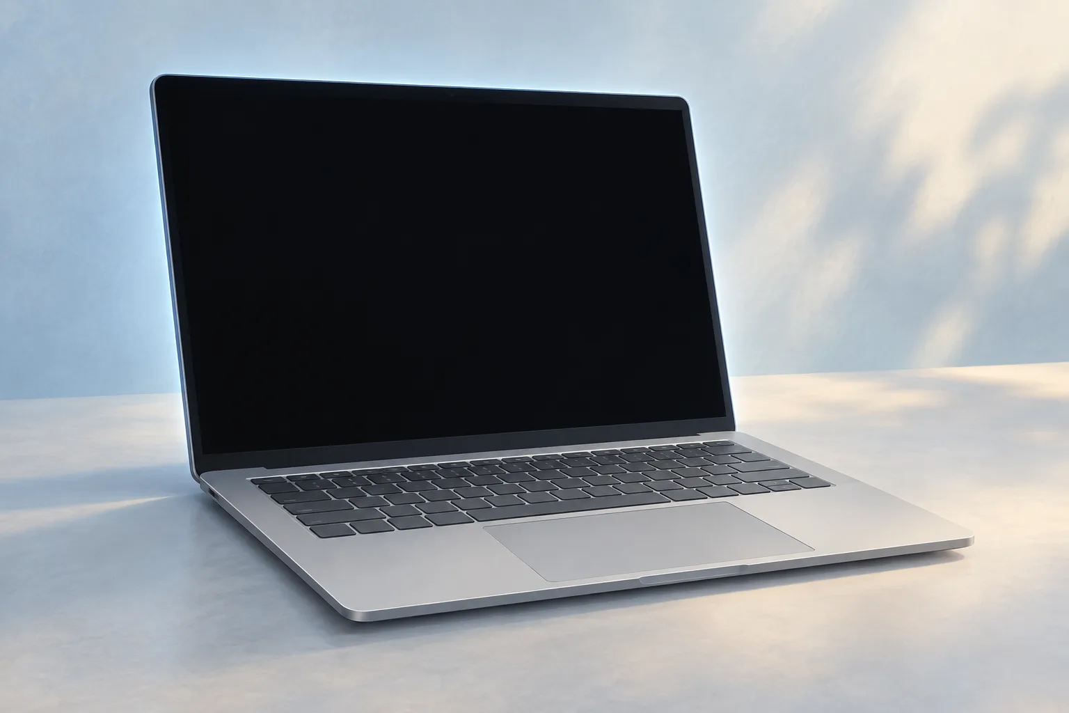 Illustration of an open aluminum laptop with a black screen on a pale surface against a soft blue background.