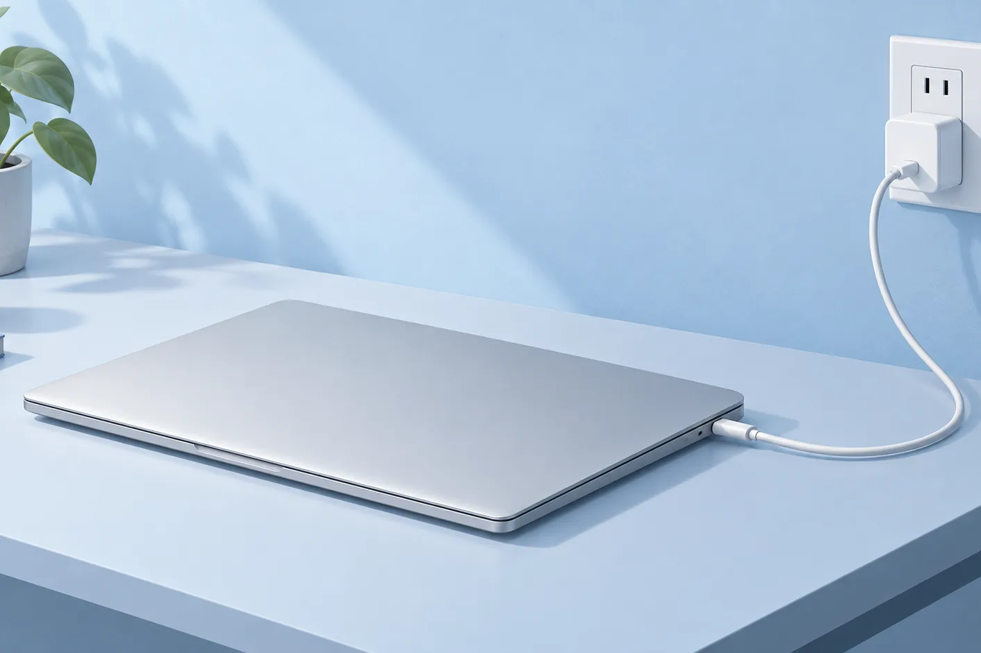 Illustration of a closed silver laptop on a pale blue desk with a charging cable connected to a US wall outlet.