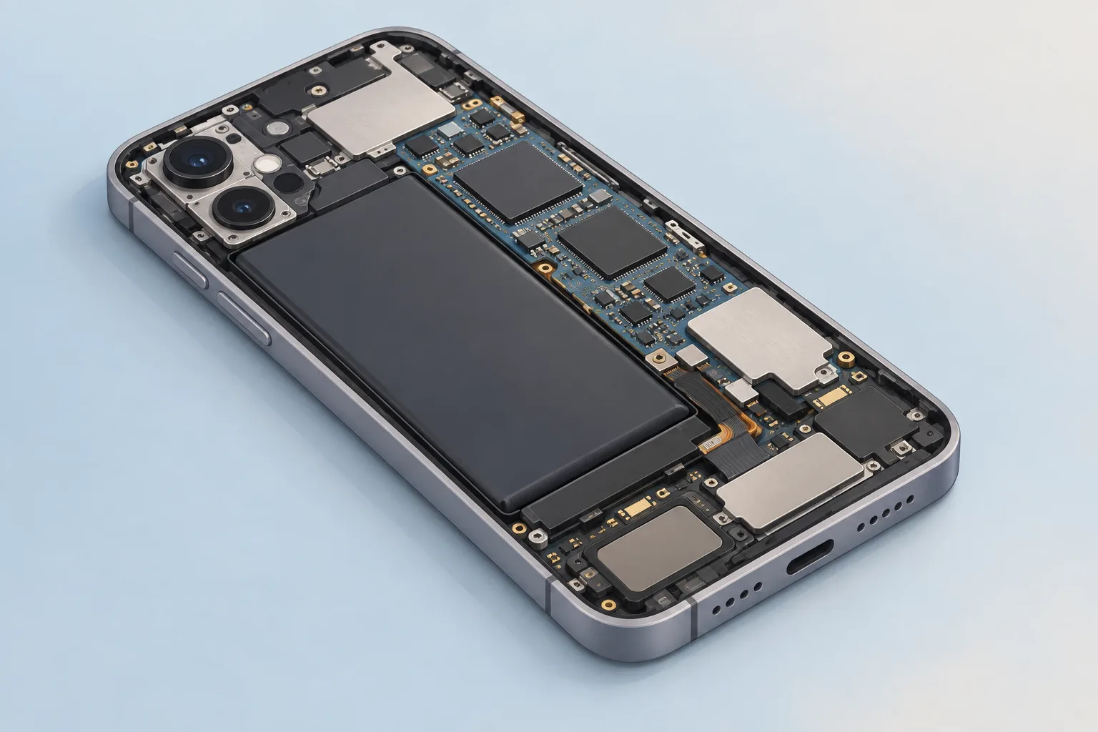 Illustration of an open smartphone showing its battery, main circuit board and black chips.