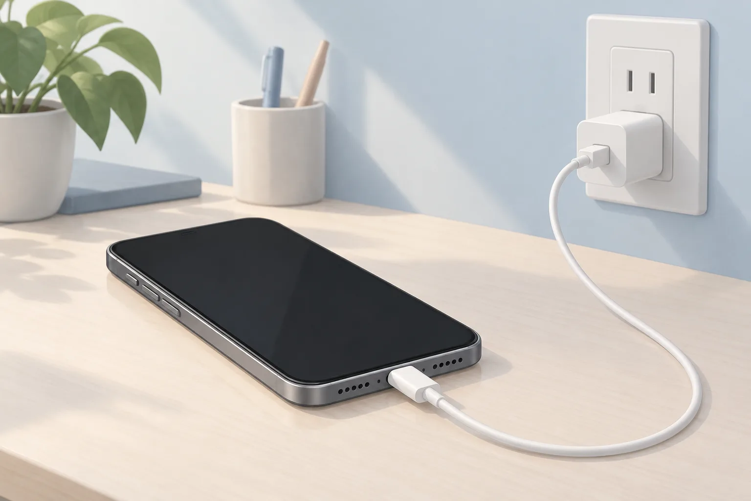 Illustration of a smartphone with a dark screen on a light desk, connected by a charging cable to a wall adapter.