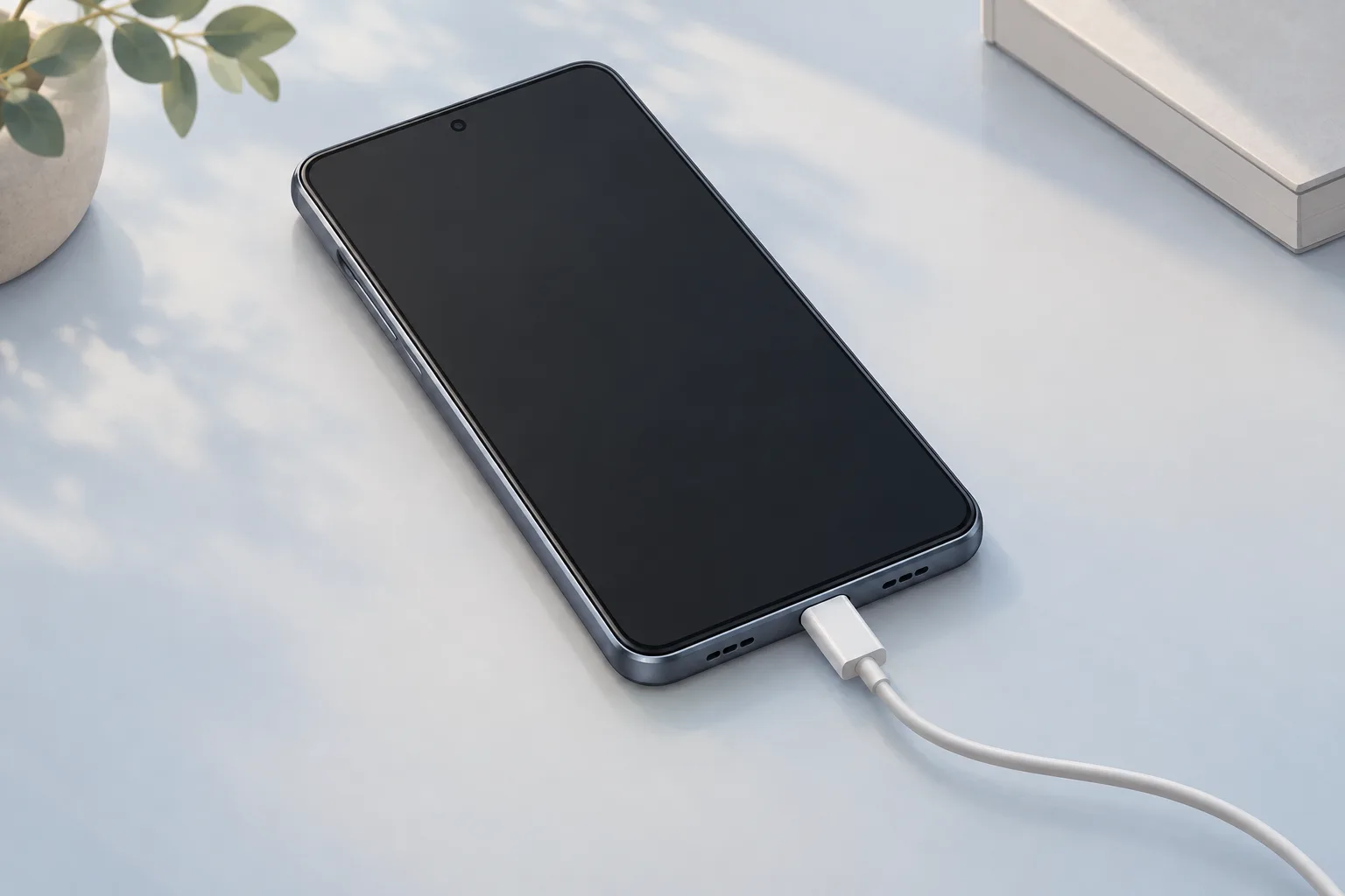Illustration of a smartphone with a dark screen and a charging cable plugged into its port on a pale blue surface.